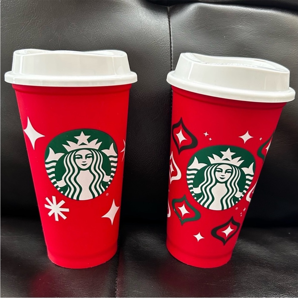 Set of 2 New Starbucks Festive Red Holiday Christmas Reusable Plastic Cups